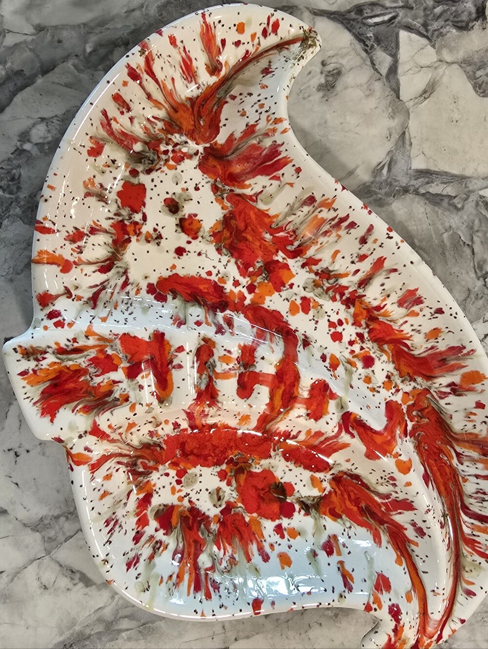 VINTAGE Mid Century Modern Ceramic Ashtray Drip Glaze Splatter Orange Red MCM